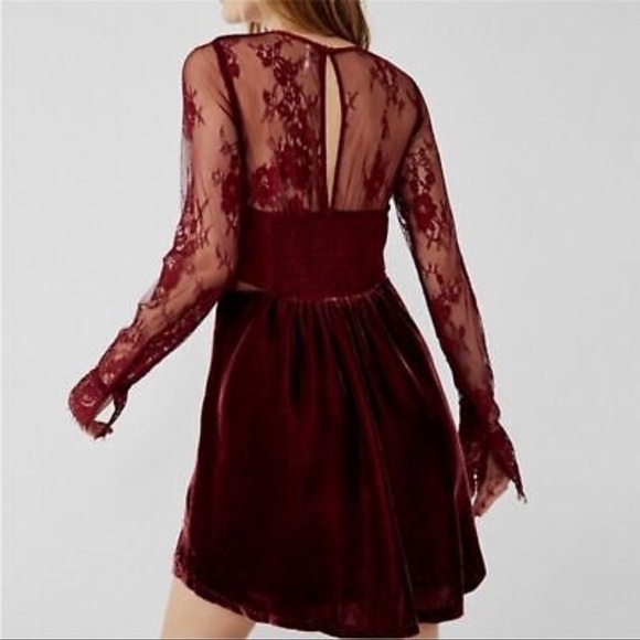 Free People Marlie Lace Velvet Corset Long Sleeve Mini Dress in Garnet Size XS - Picture 2 of 11